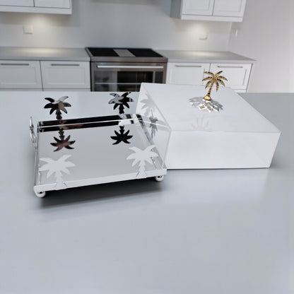 Luxury Silver Palm Tree Acrylic Box with Golden Lid Handle – Elegant Decorative Tray for Sweets, Dates & Jewelry (H16cm x W20.5cm x L20.5cm)