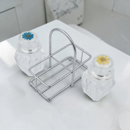 2-Piece Acrylic Cruet Set with Metal Stand, Spice & Condiment Jars with Lid (Salt & Pepper, Oil, Sauce Holder), Kitchen & Dining Table Organizer - Damoo