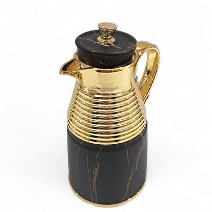 GERMAX Original Black Marble Vacuum Flask 1L – Luxury Gold & Silver Thermos | Premium Glass Liner | 12H Heat Retention | Arabic Coffee & Tea Pot | High-Gloss Metal Finish - Damoo