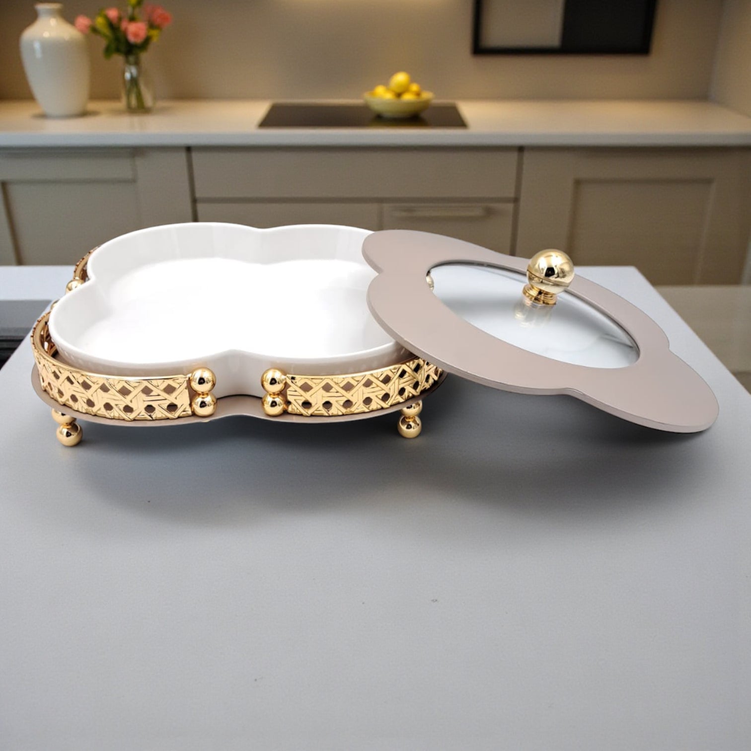 Elegant Ceramic Serving Bowl with Golden Metal Stand and Glass Lid – Luxury Flower-Shaped Dish for Sweets, Snacks & Dry Fruits | Al Habbai Collection - Damoo