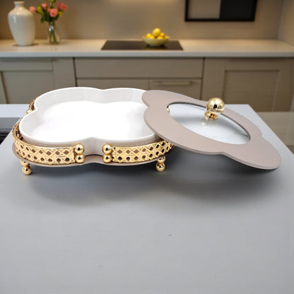 Elegant Ceramic Serving Bowl with Golden Metal Stand and Glass Lid – Luxury Flower-Shaped Dish for Sweets, Snacks & Dry Fruits | Al Habbai Collection - Damoo