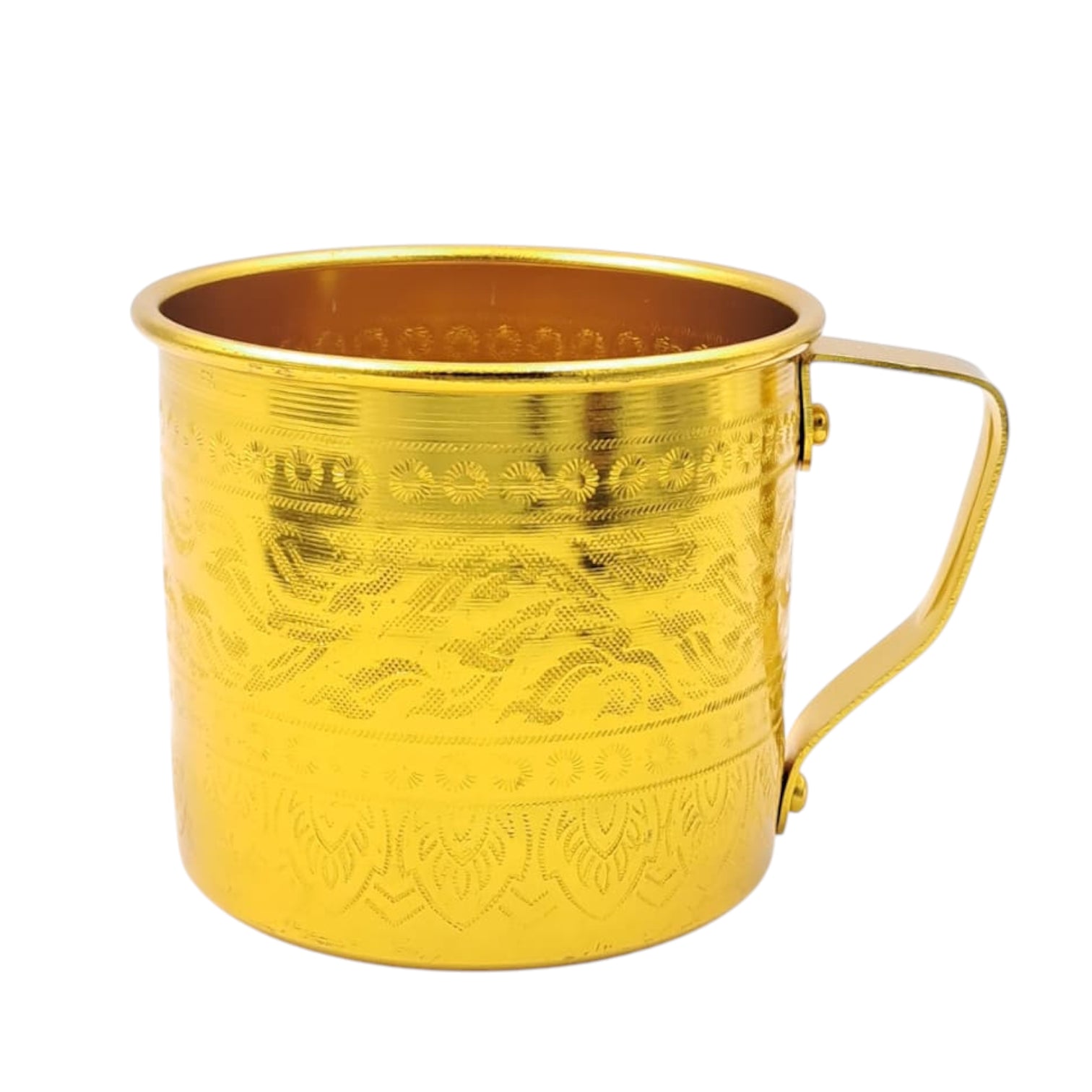 Gold Embossed Aluminum Mug with Handle – Traditional Majlis Tea & Water Cup – Durable Outdoor Camping Drinkware (H 8cm × L 11cm × W 9cm) - Damoo