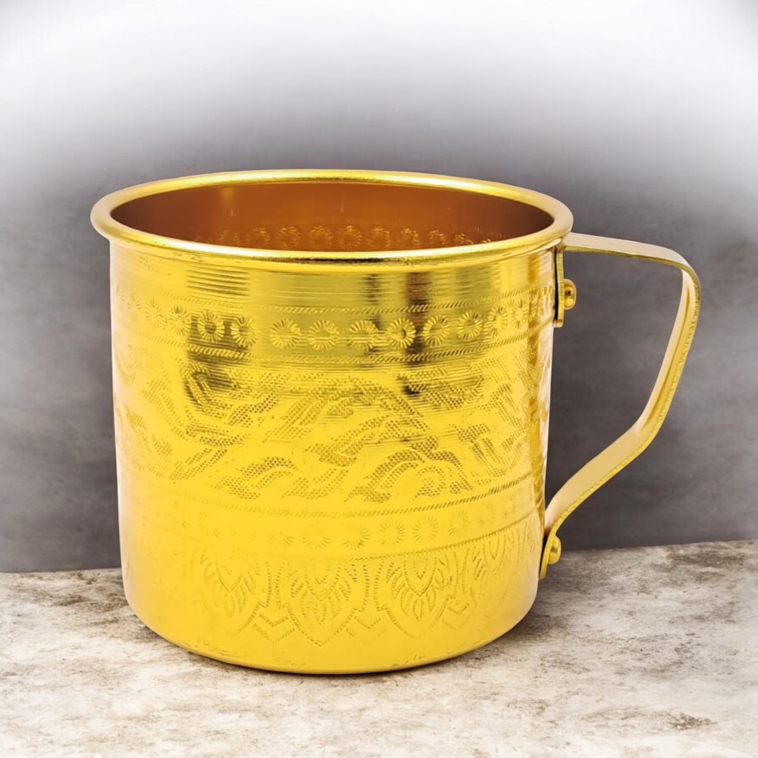 Gold Embossed Aluminum Mug with Handle – Traditional Majlis Tea & Water Cup – Durable Outdoor Camping Drinkware (H 8cm × L 11cm × W 9cm) - Damoo