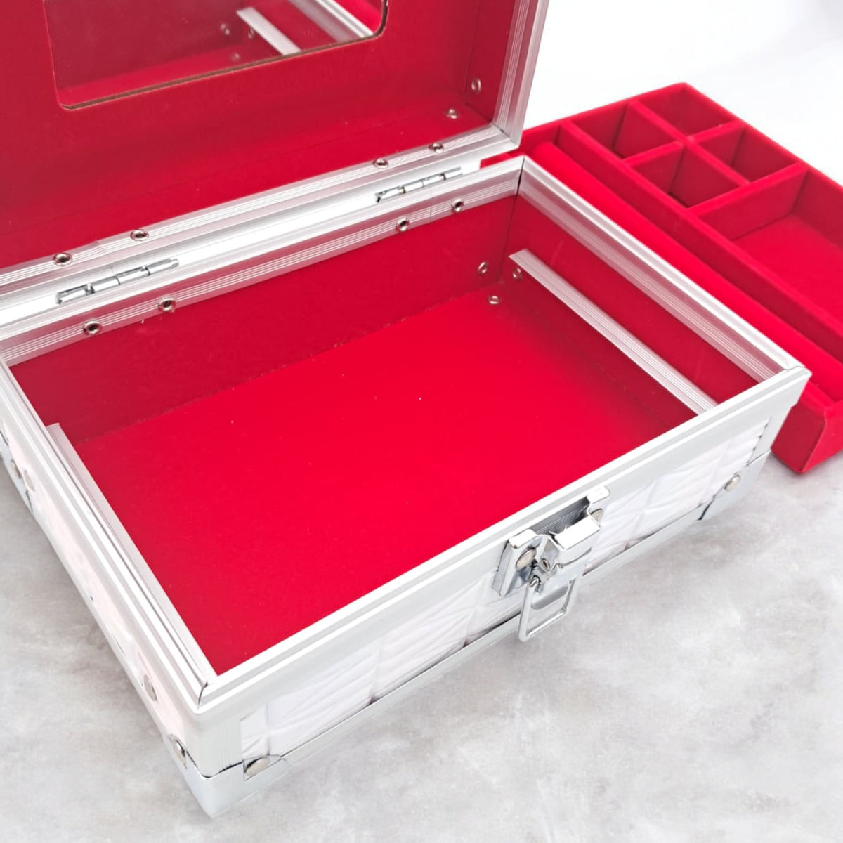 Premium Aluminum Jewelry Storage Box with Mirror & Removable Velvet Organizer – Compact Makeup & Accessories Case (H14cm x W13cm x L18cm) - Damoo