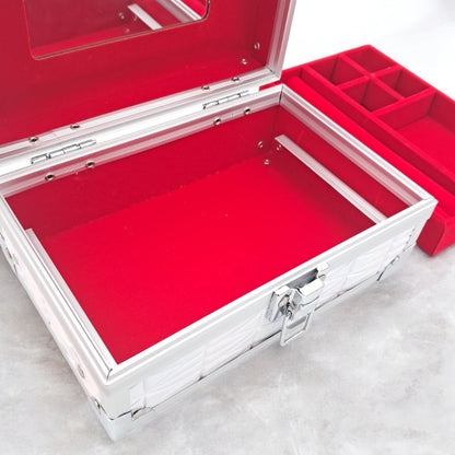 Premium Aluminum Jewelry Storage Box with Mirror & Removable Velvet Organizer – Compact Makeup & Accessories Case (H14cm x W13cm x L18cm) - Damoo