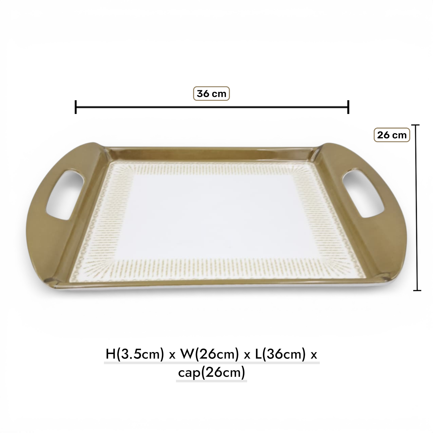 Luxury Rectangular Serving Tray with Handles – White & Gold Decorative Plastic Tray for Tea, Coffee & Table Serving (Available in 2 Sizes) - Damoo