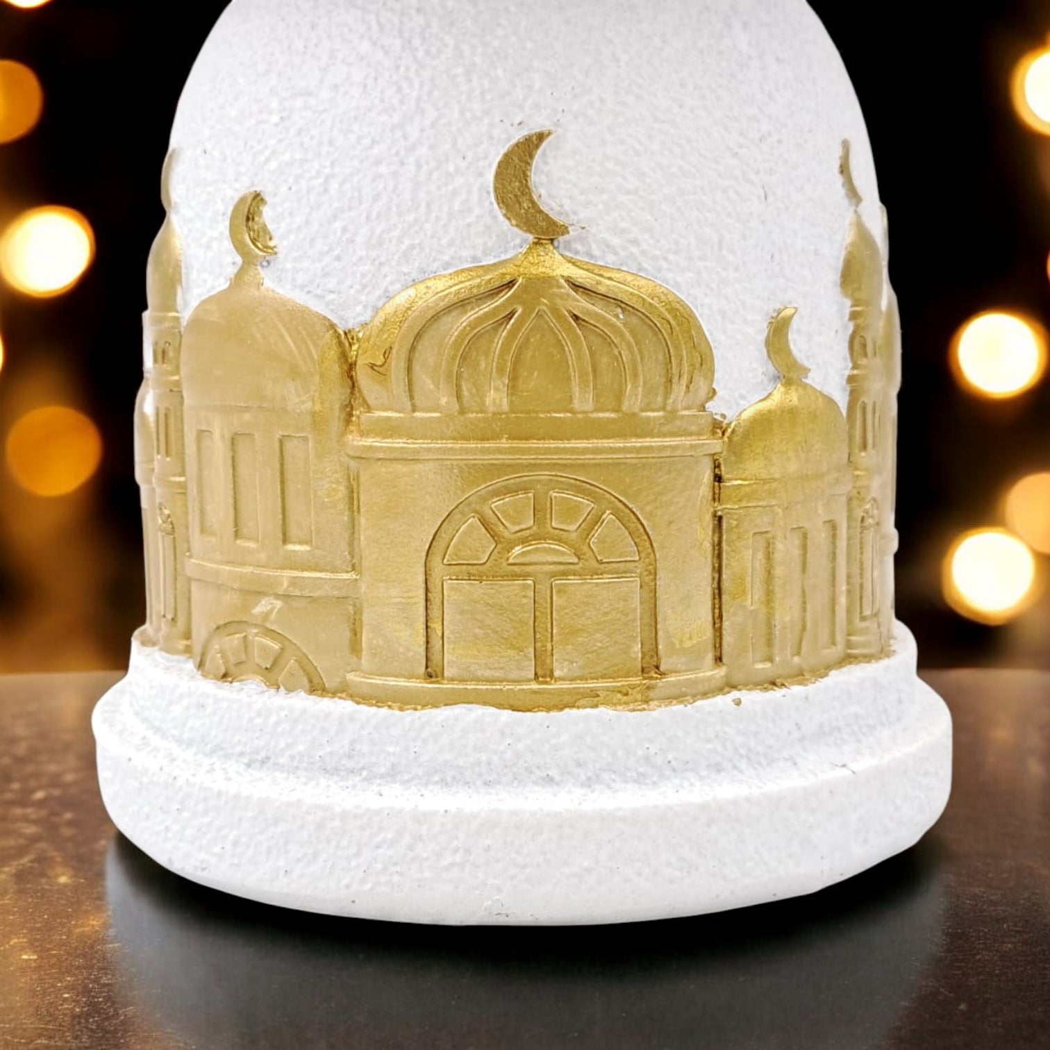 Elegant white and gold Ramadan serving dish inspired by Islamic architecture, perfect for dates, sweets, and majlis hospitality. - Damoo
