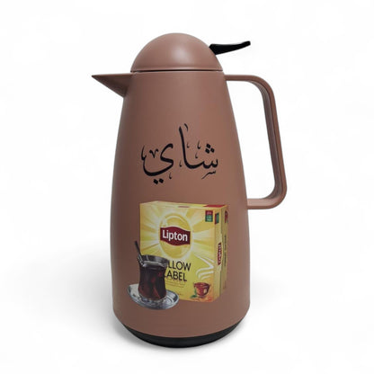 Crystal House Beige Arabic Thermos Flask 1L – Lipton Yellow Label Design | Double-Wall Insulated Tea - Damoo