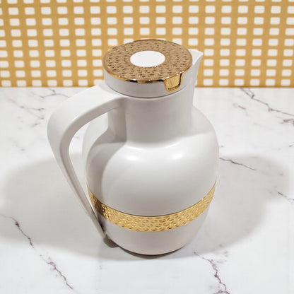 Ansa Original White Vacuum Flask 1L – Luxury Gold & Silver Band Thermos | Premium Insulated Glass Liner | 12H Heat Retention | Arabic Coffee & Tea Pot - Damoo