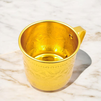 Gold Embossed Aluminum Mug with Handle – Traditional Majlis Tea & Water Cup – Durable Outdoor Camping Drinkware (H 8cm × L 11cm × W 9cm) - Damoo