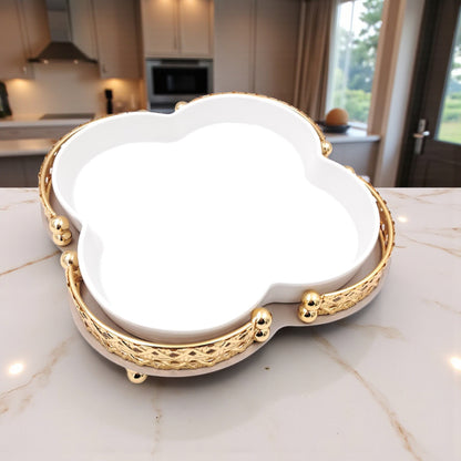 Elegant Ceramic Serving Bowl with Golden Metal Stand and Glass Lid – Luxury Flower-Shaped Dish for Sweets, Snacks & Dry Fruits | Al Habbai Collection - Damoo