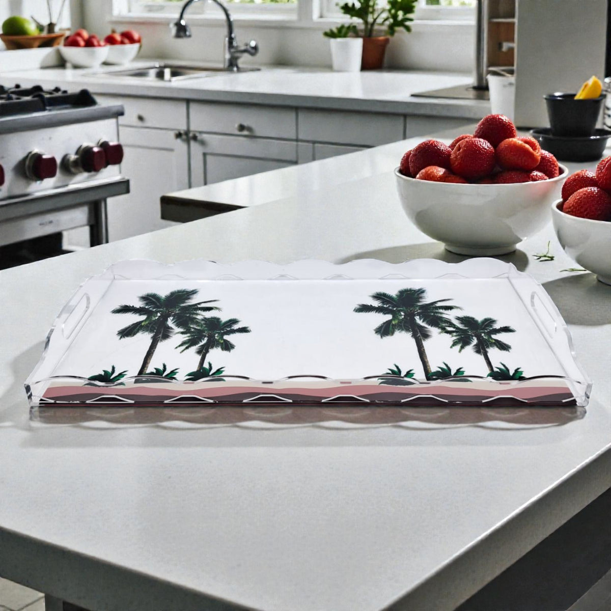 Damoo Palm Acrylic Serving Tray with Handles – Tropical Palm Design Decorative Multipurpose Tray for Serving, Dining & Home Décor (4H x 45.5L × 24W CM) - Damoo