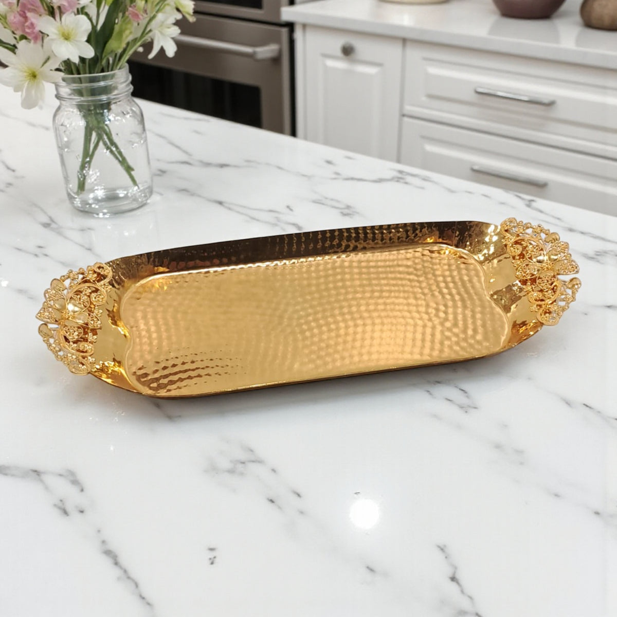 Luxury Rectangular Gold Metal Serving Tray with Decorative Floral Handles – Elegant Table & Event Decor - Damoo