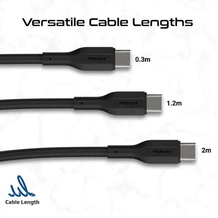 PROMATE طقم كابلات 3 في 1 – 3 كابلات USB-C بأطوال 30 و120 و200 سم، شحن Power Delivery، قوة شد عالية، باللون الأسود