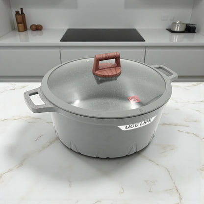 مجموعة أواني طهي جرانيت غير لاصقة من يو سي سي لايف، مكونة من ١٠ قطع - أواني طهي من الألومنيوم المطروق بأغطية زجاجية (٢٠ سم، ٢٤ سم، ٢٨ سم، ٣٢ سم، ومقلاة عميقة ٢٨ سم) 