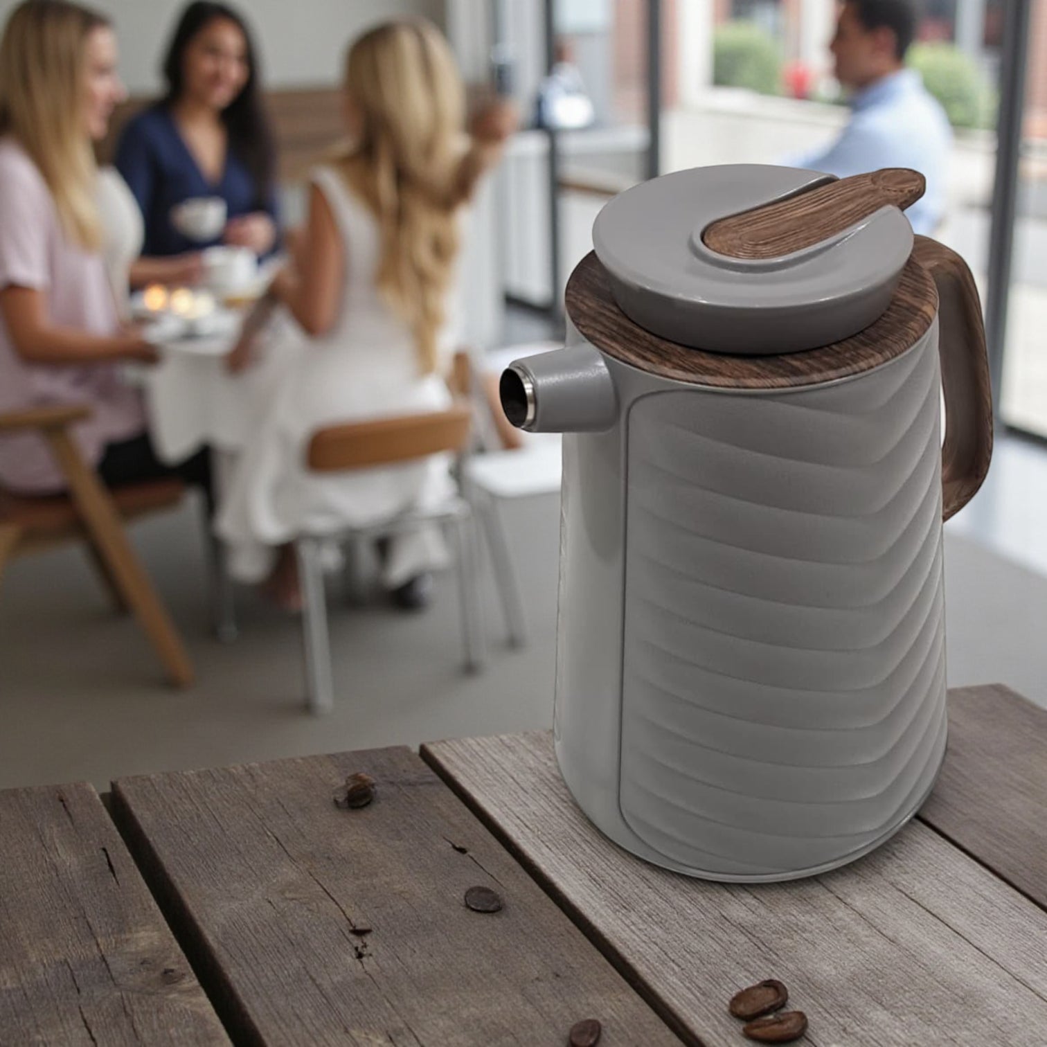 1L Premium Insulated Thermos with Wood-Style Handle | Double Wall Flask for Hot & Cold Beverages | Modern Grey Design for Home, Office & Travel - Damoo