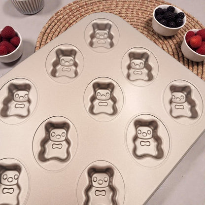 12-Cup Carbon Steel Non-Stick Bear Shape Cake & Muffin Baking Pan – Cute Animal Mold Tray (2.5H x 35L x 26.5W CM) - Damoo