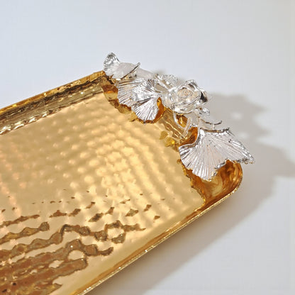 Luxury Hammered Gold Rectangular Serving Tray with Silver Floral Handles – Stainless Steel Decorative Tray for Elegant Dining and Home Décor - Damoo