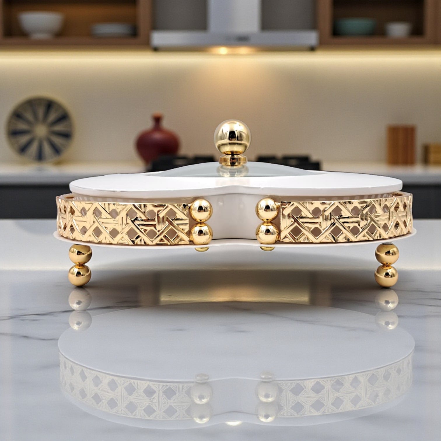 Elegant Ceramic Serving Bowl with Golden Metal Stand and Glass Lid – Luxury Flower-Shaped Dish for Sweets, Snacks & Dry Fruits | Al Habbai Collection - Damoo