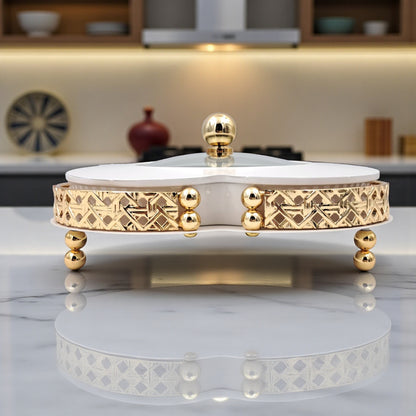 Elegant Ceramic Serving Bowl with Golden Metal Stand and Glass Lid – Luxury Flower-Shaped Dish for Sweets, Snacks & Dry Fruits | Al Habbai Collection - Damoo