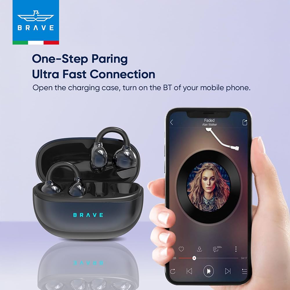 BRAVE ClipFit E-31 Wireless Open-Ear Earbuds – Black | Bluetooth 5.4 | Intelligent Touch Control | Adaptive Secure Fit Earphones