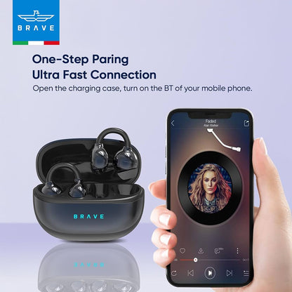 BRAVE ClipFit E-31 Wireless Open-Ear Earbuds – Black | Bluetooth 5.4 | Intelligent Touch Control | Adaptive Secure Fit Earphones