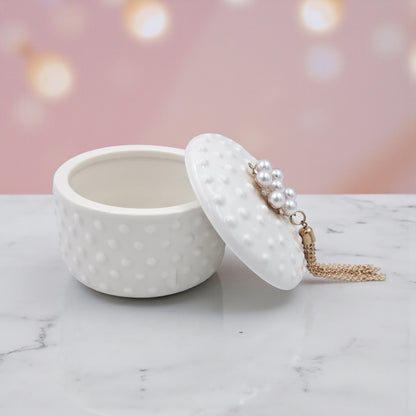 Elegant Porcelain Jewelry Box with Pearl & Crystal Lid – White Round Decorative Trinket Holder with Golden Tassel Accent