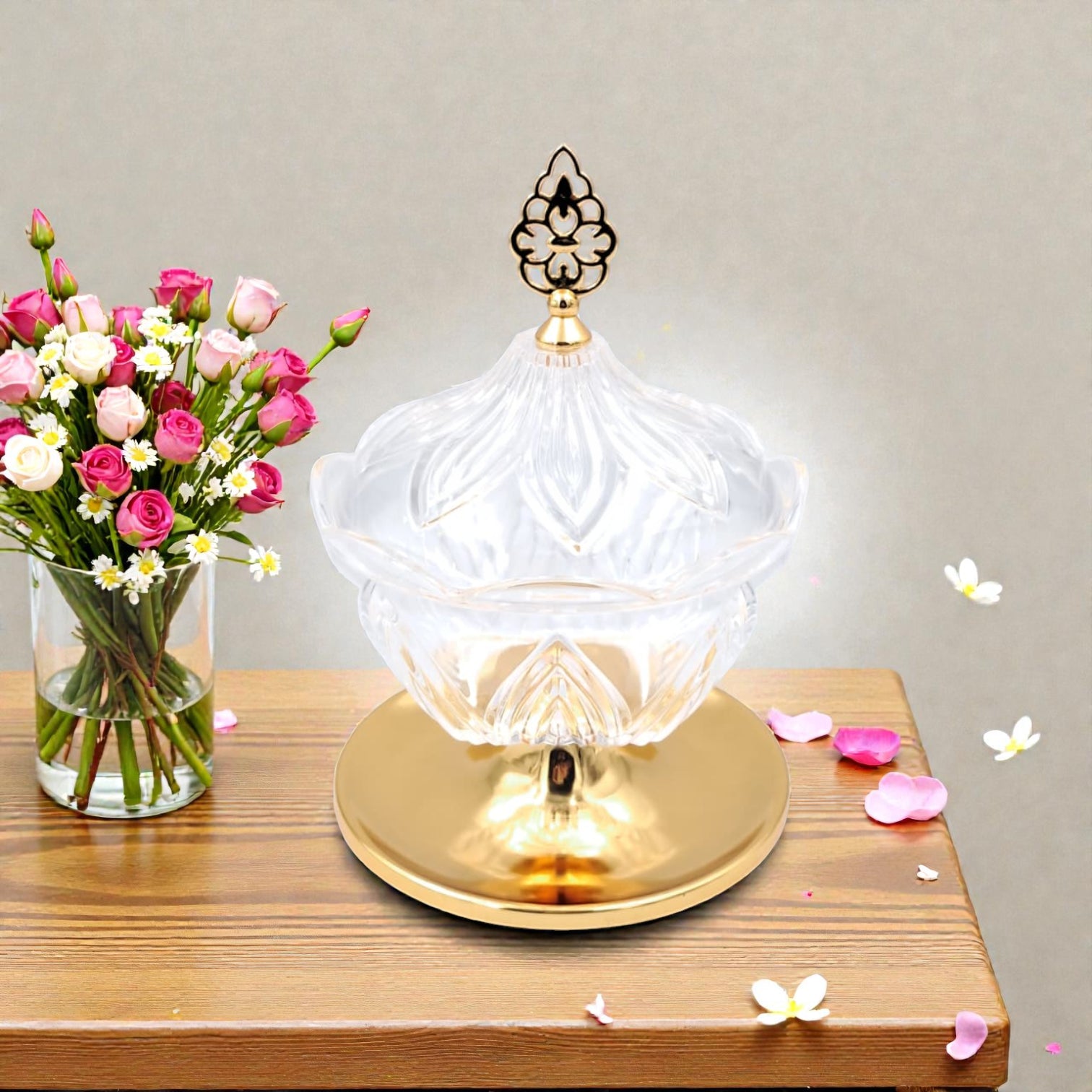 FURSAN Luxury Acrylic Date Bowl with Lid & Gold Stainless Steel Base – Elegant Candy & Dessert Serving Dish (21H x 14L × 14W CM) - Damoo