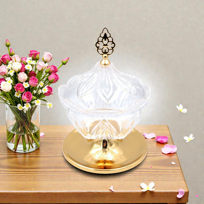 FURSAN Luxury Acrylic Date Bowl with Lid & Gold Stainless Steel Base – Elegant Candy & Dessert Serving Dish (21H x 14L × 14W CM) - Damoo
