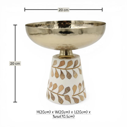 Hammered Metal Pedestal Serving Bowl with Decorative Inlay Base – Elegant Elevated Fruit & Dessert Bowl for Table Centerpiece (20H x 20L x 20W CM)