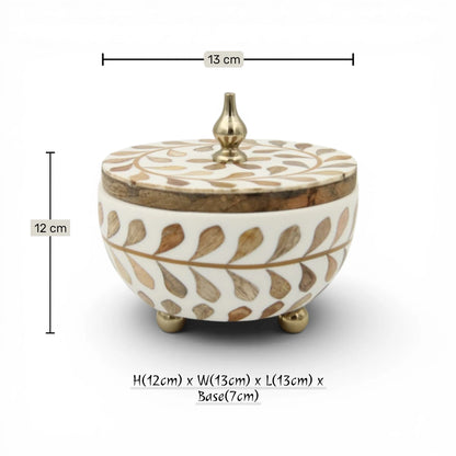 Round Squat Decorative Storage Box with Whitewash Carving – Handmade Wooden Box with Lid & Metal Feet – Elegant Home Décor Organizer (12H x 13L x 13W CM)