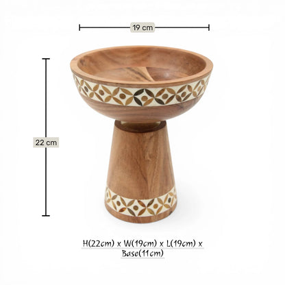 Handcrafted Wooden Pedestal Bowl with Mother of Pearl Inlay – Decorative Serving Bowl Stand for Fruits & Centerpiece Décor (22H x 19L x 19W CM) - Damoo