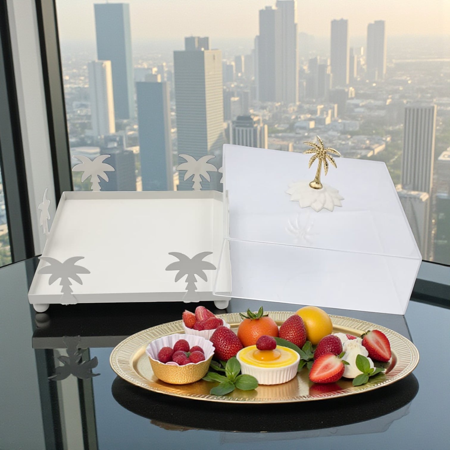 صينية تقديم أكريليك مربعة الشكل بتصميم شجرة نخيل بيضاء مع غطاء مقبب - طبق أنيق شفاف لعرض الحلويات | صينية حلوى وكعك فاخرة بمقبض ذهبي