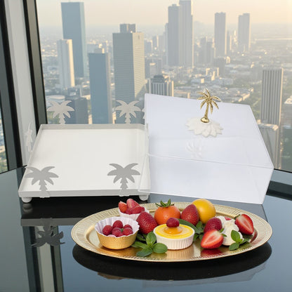 صينية تقديم أكريليك مربعة الشكل بتصميم شجرة نخيل بيضاء مع غطاء مقبب - طبق أنيق شفاف لعرض الحلويات | صينية حلوى وكعك فاخرة بمقبض ذهبي