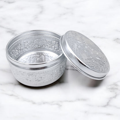 Engraved Aluminum Storage Container with Lid – Traditional Middle Eastern Decorative Box for Spices, Jewelry & Dry Foods (H 8cm × L 15cm × W 15cm) - Damoo