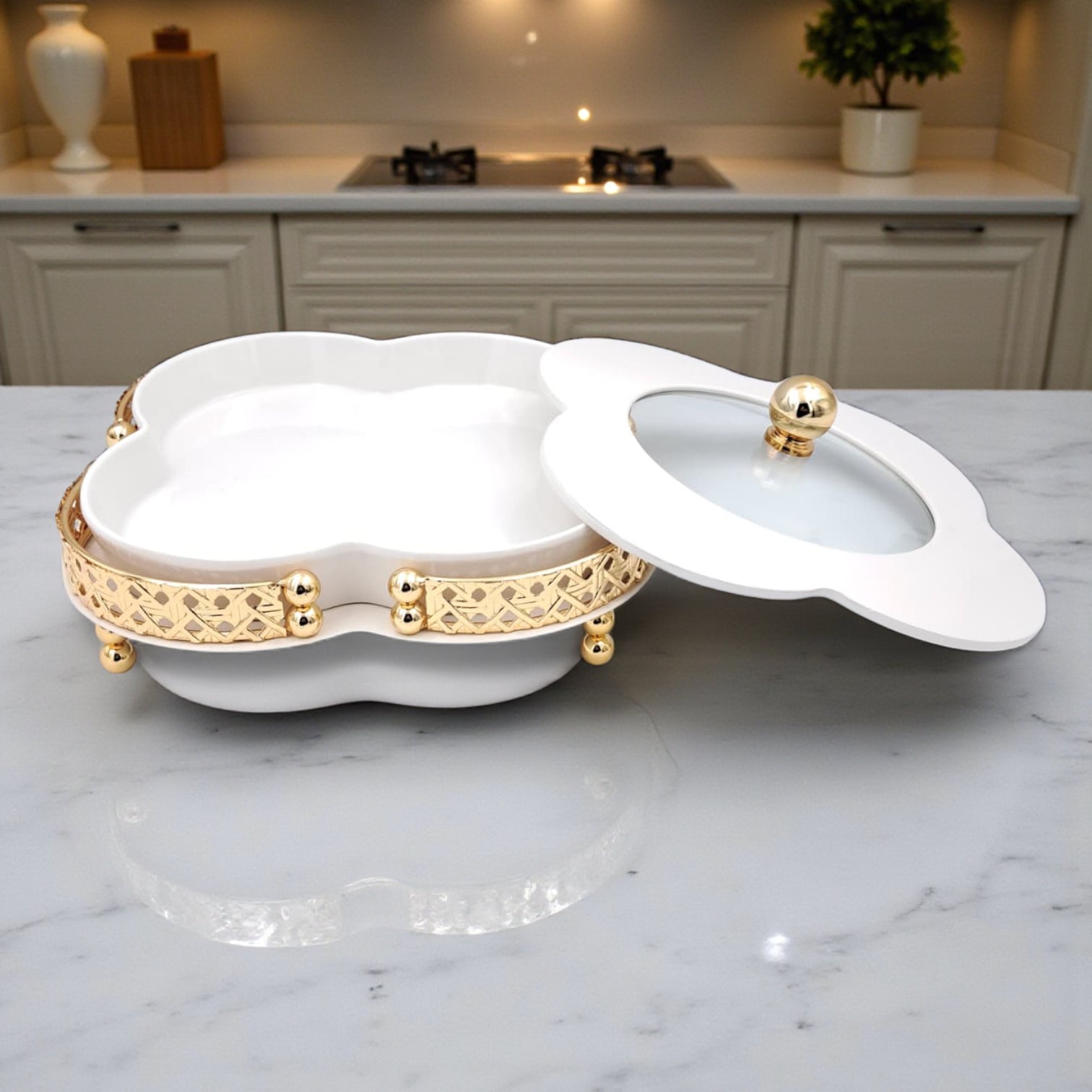 Elegant Ceramic Serving Bowl with Golden Metal Stand and Glass Lid – Luxury Flower-Shaped Dish for Sweets, Snacks & Dry Fruits | Al Habbai Collection - Damoo