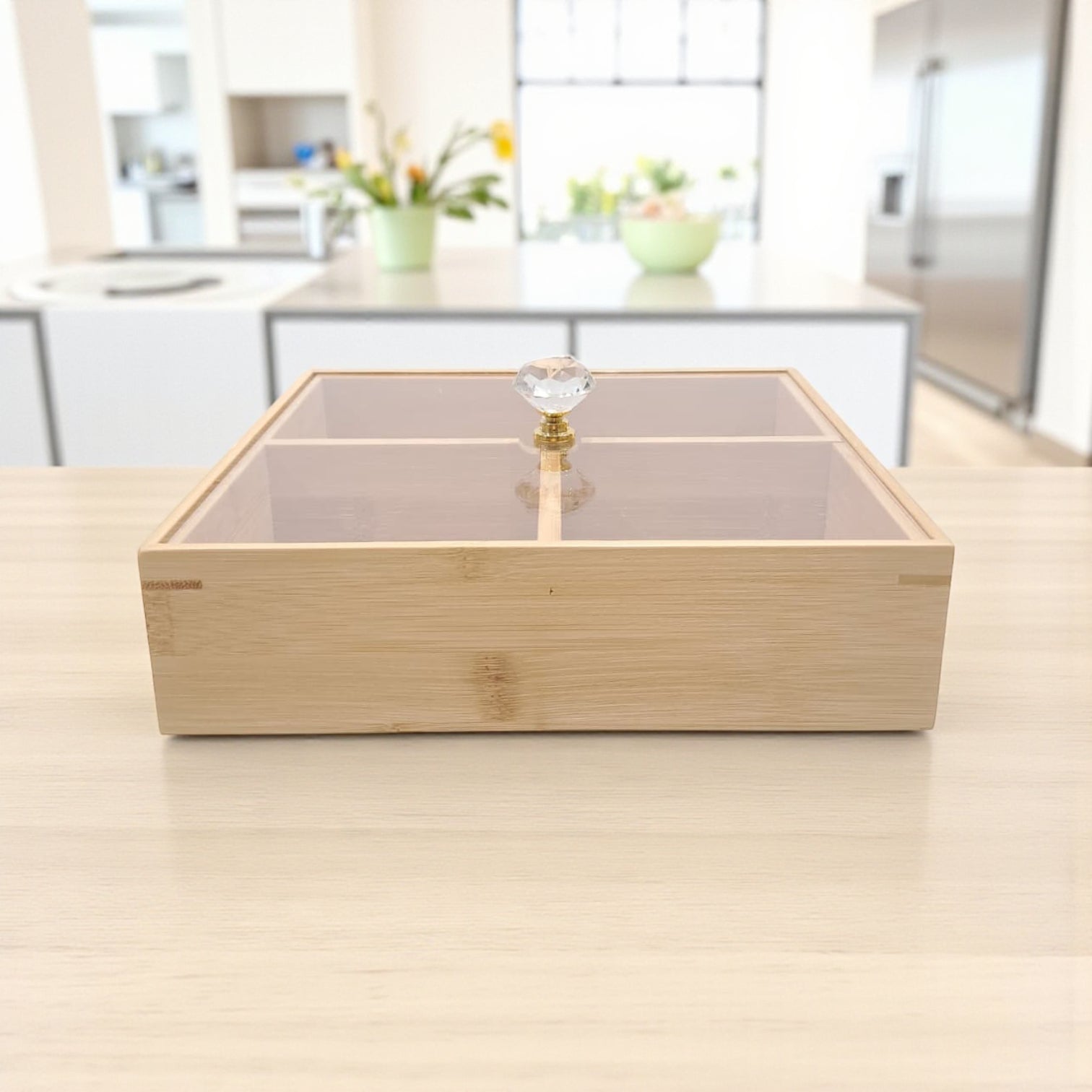 Luxury Wooden Snack Serving Box with Crystal Handle Lid – 4-Compartment Dried Fruit, Nut & Candy Organizer Tray for Home & Parties - Damoo