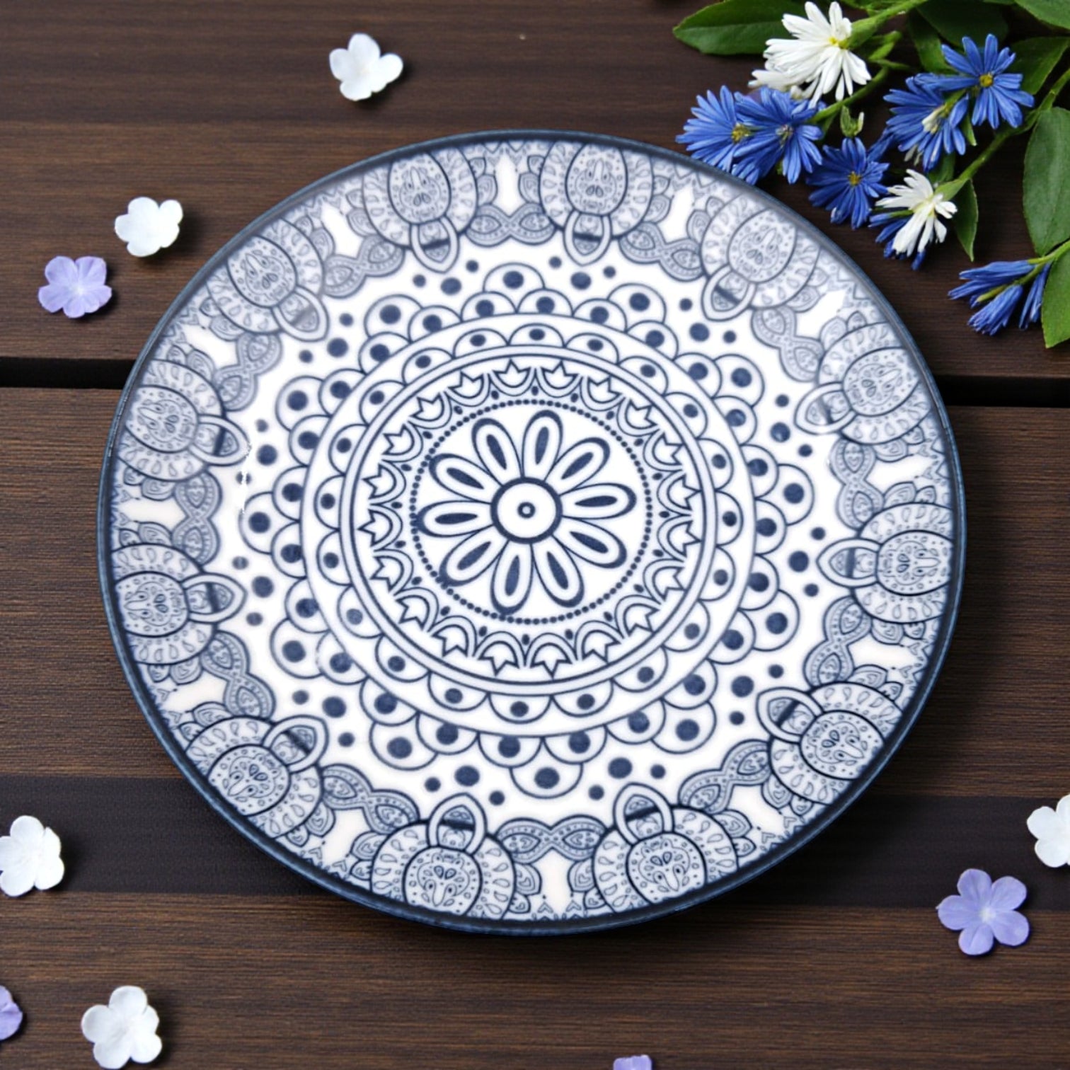 Che Brucia Ceramic Round Mandala Pattern Plate – 16cm Appetizer / Snack / Dessert Serving Plate – Heat Resistant, Dishwasher & Microwave Safe – Boho Tableware for Home & Restaurants