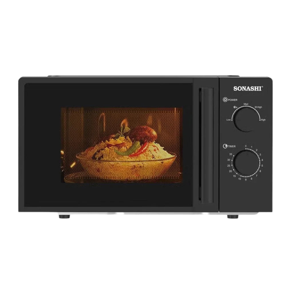 SONASHI 20L Manual Microwave Oven – SMO-920 Black | 700W Power, 245mm Turntable Glass Tray, 6 Power Levels, Defrost Function, 30-Min Timer, Pull Handle Door – Compact & Efficient Design for Everyday Cooking - Damoo