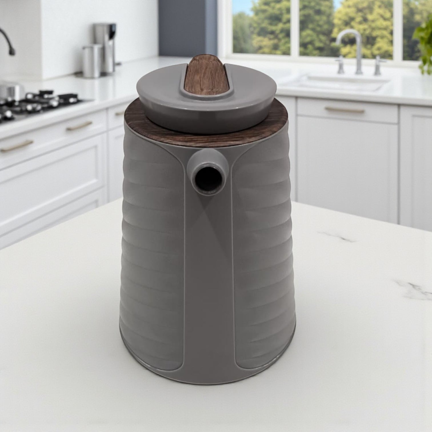 1L Premium Insulated Thermos with Wood-Style Handle | Double Wall Flask for Hot & Cold Beverages | Modern Grey Design for Home, Office & Travel - Damoo