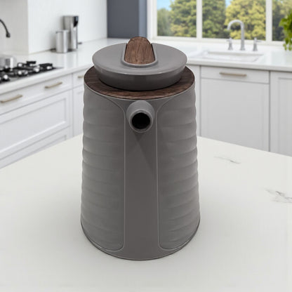 1L Premium Insulated Thermos with Wood-Style Handle | Double Wall Flask for Hot & Cold Beverages | Modern Grey Design for Home, Office & Travel - Damoo