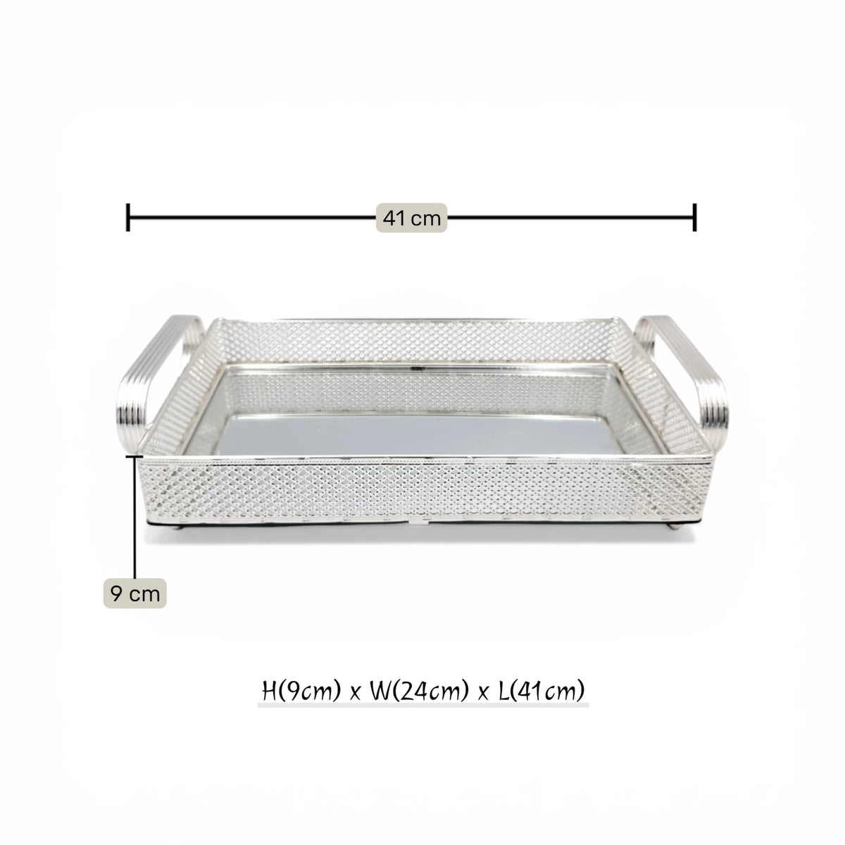 Decorative Mirror Serving Tray with Handles Rectangular Metal Frame Vanity Organizer Tray (9H x 41L x 24W CM) - Damoo