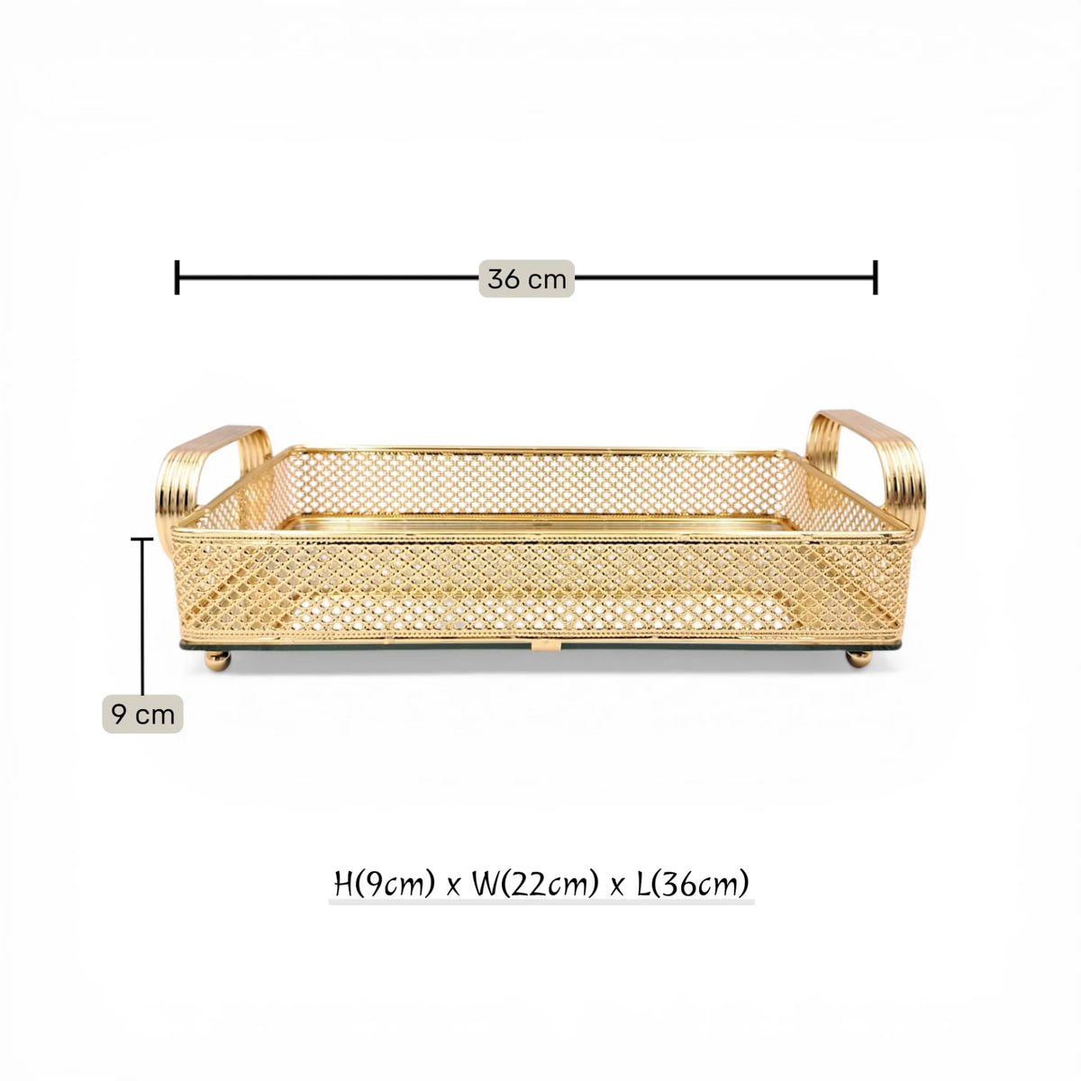 Decorative Glass Luxury Gold Finish Mirror Serving Tray with Handles Rectangular Decorative Vanity Organizer Tray - Damoo