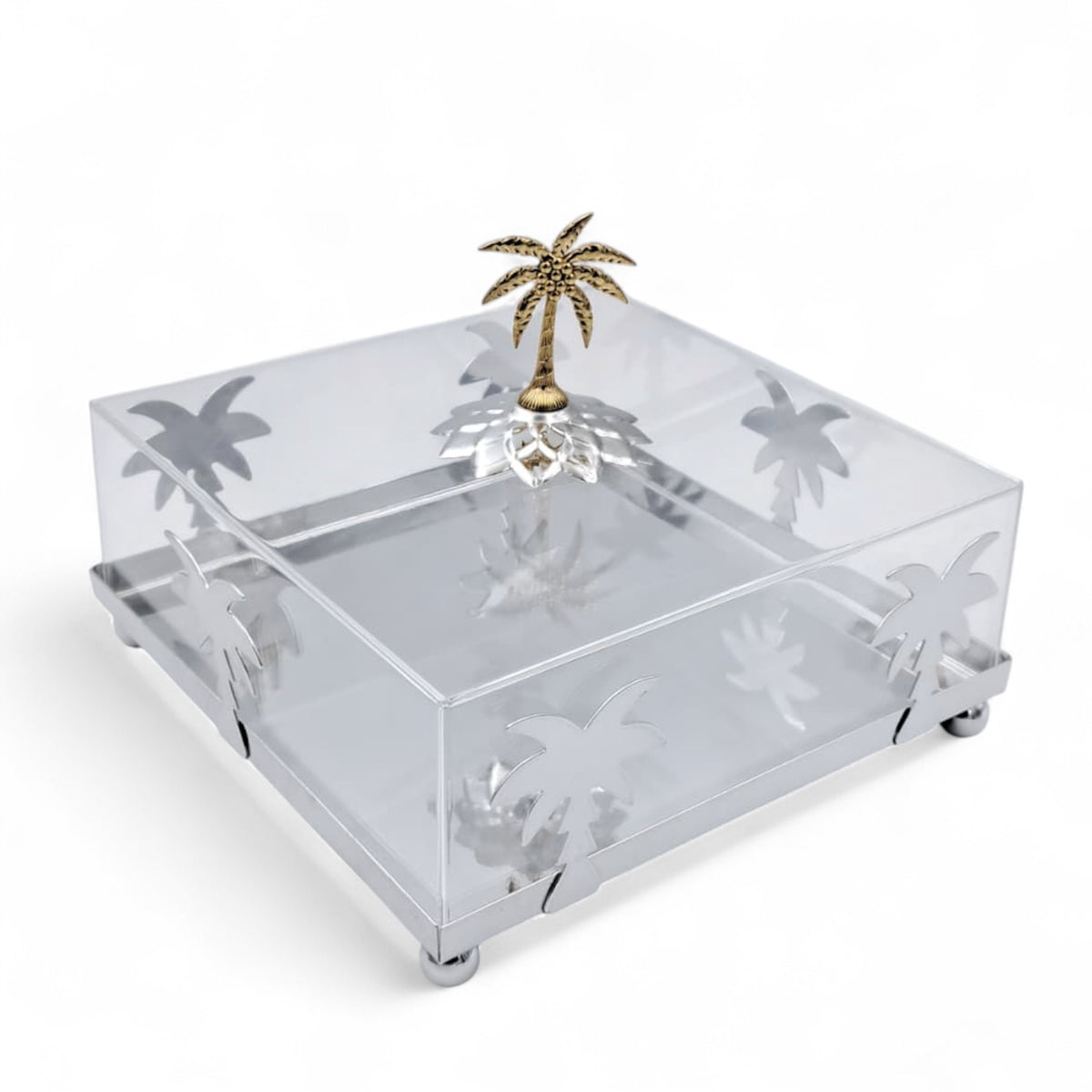 Luxury Silver Palm Tree Acrylic Box with Golden Lid Handle – Elegant Decorative Tray for Sweets, Dates & Jewelry (H16cm x W20.5cm x L20.5cm)