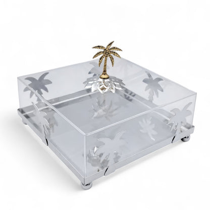 Luxury Silver Palm Tree Acrylic Box with Golden Lid Handle – Elegant Decorative Tray for Sweets, Dates & Jewelry (H16cm x W20.5cm x L20.5cm)