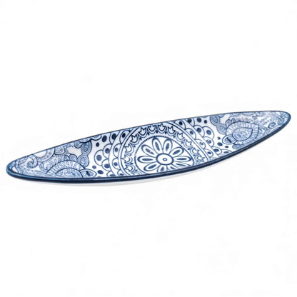 Che Brucia Ceramic Boat-Shaped Serving Dish – Blue & White Patterned Mandala Design | Premium Decorative Tableware for Snacks, Nuts, Olives, Dry Fruits, Sauces & Appetizers – 23cm