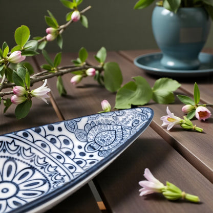 Che Brucia Ceramic Boat-Shaped Serving Dish – Blue & White Patterned Mandala Design | Premium Decorative Tableware for Snacks, Nuts, Olives, Dry Fruits, Sauces & Appetizers – 23cm
