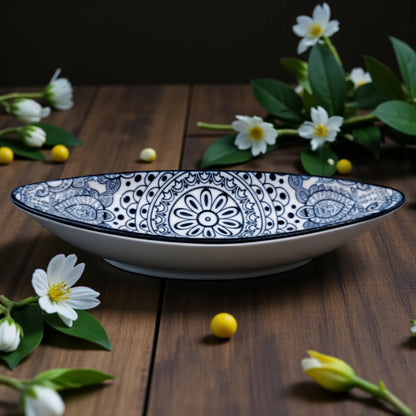 Che Brucia Ceramic Boat-Shaped Serving Dish – Blue & White Patterned Mandala Design | Premium Decorative Tableware for Snacks, Nuts, Olives, Dry Fruits, Sauces & Appetizers – 23cm