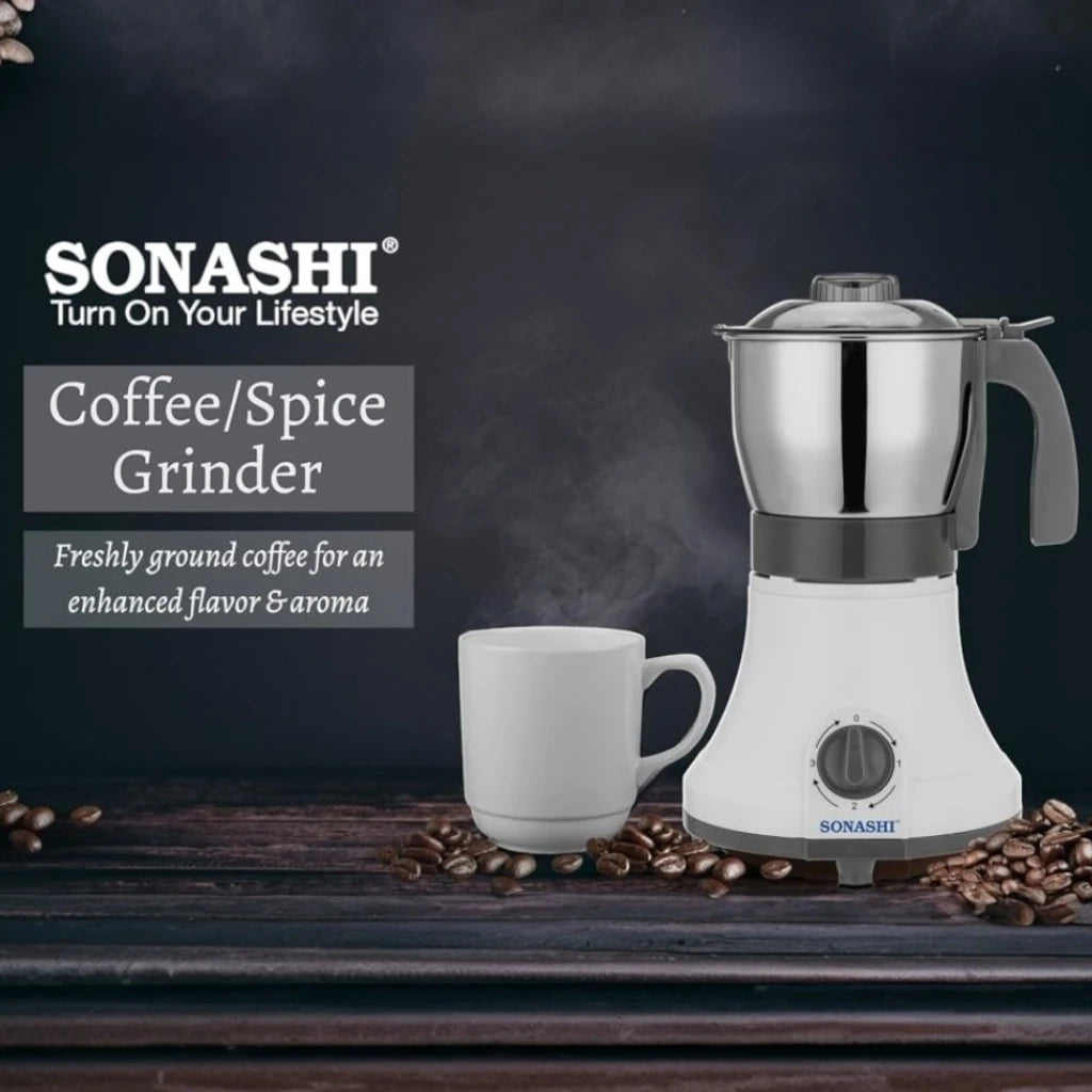 Sonashi Coffee/Spice Grinder – 0.8L, Detachable Stainless Steel Jar, 3-Speed Mixer Grinder, Overheat Protection, 350W Electric Coffee Bean Grinder, Ideal for Spices, Nuts & Dried Fruits – White/Silver/Grey - SCG-4006 - Damoo