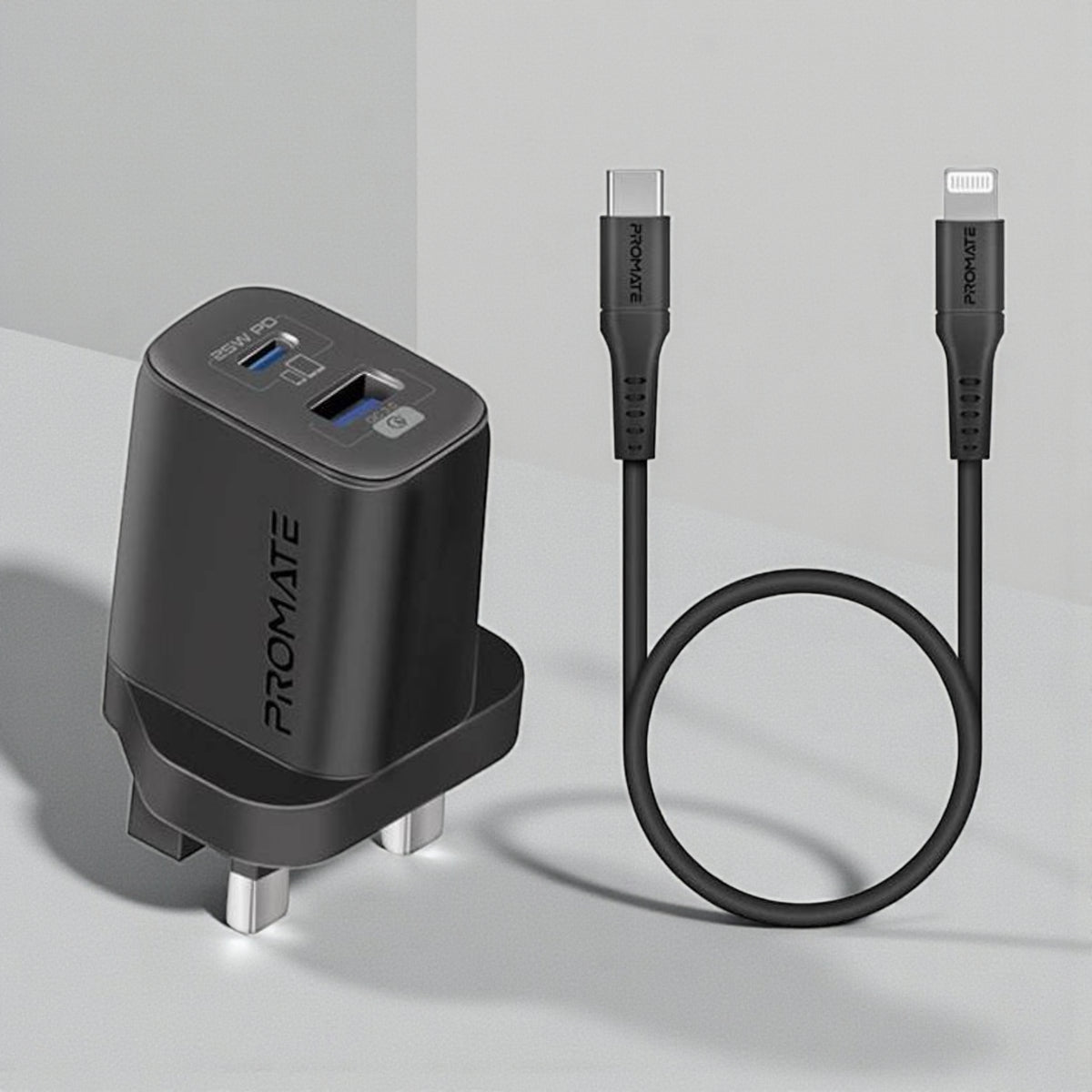Promate 25W Ultra-Fast Dual Port Wall Charger with USB-C + Lightning 120cm Charging Cable | Qualcomm QC 3.0 | PD Fast Charging | 2-in-1 Charging Kit for iPhone, iPad, Samsung & More